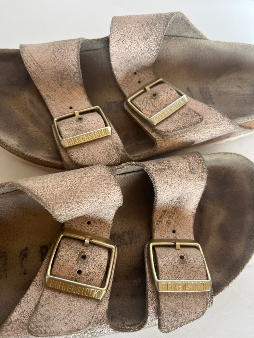 Birkenstock Arizona Style Double Buckle Suede Slide Sandals - Metallic Taupe
